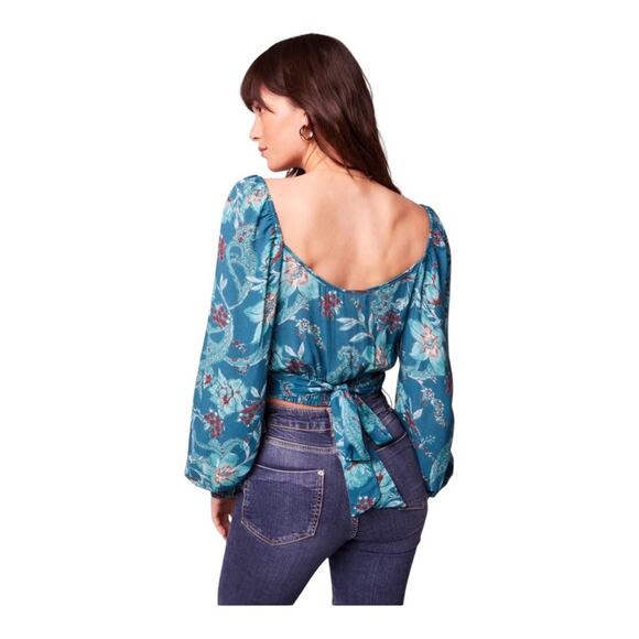 Band Of The Free NWT Sybille Flirty V Neck Wrap Front Teal Floral Crop Top Small - Picture 2 of 16
